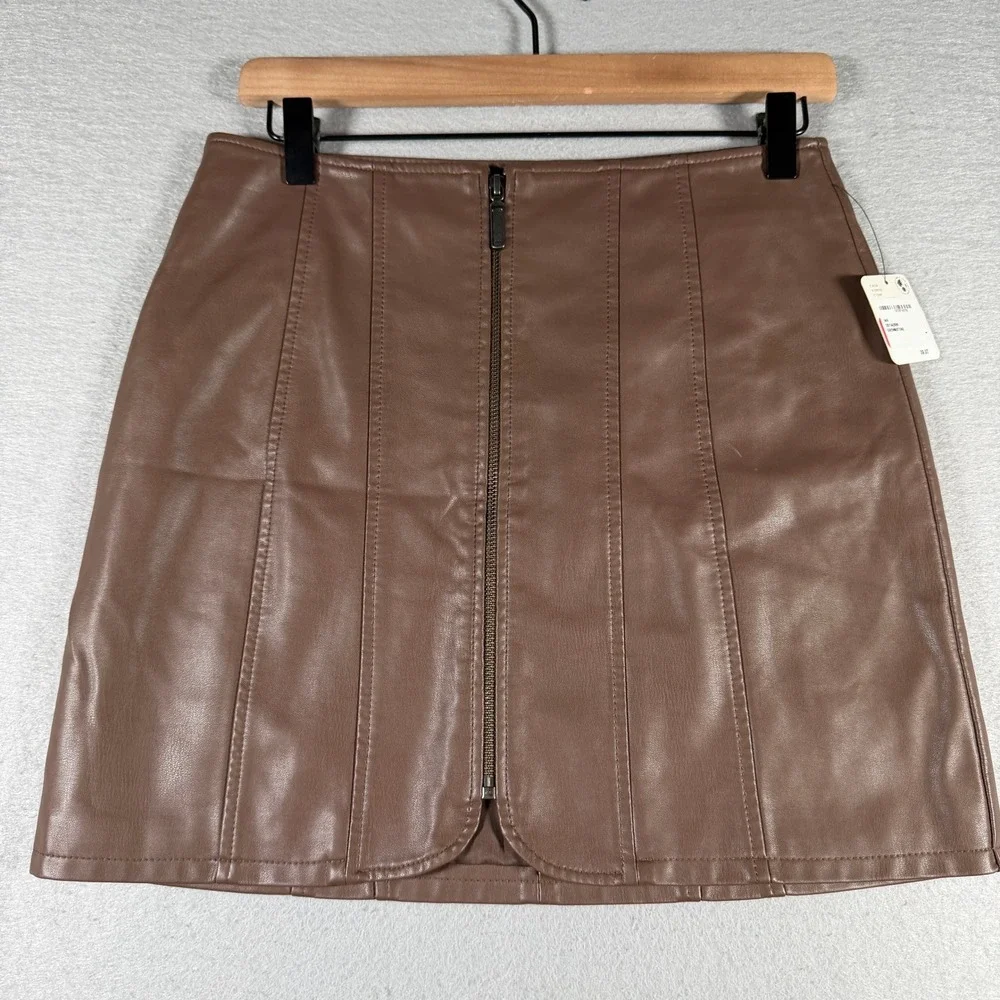 Free People Brownstone Vegan Leather Mini Skirt OB1542699 Brown Size 4 NWT